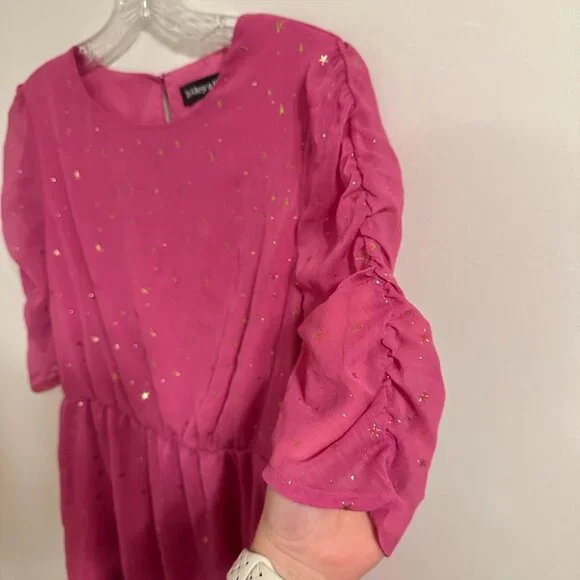 Allegra K Pink and Gold Stars Dress Size Medium | Princess Ruched Sleeves Barbie - Picture 8 of 14